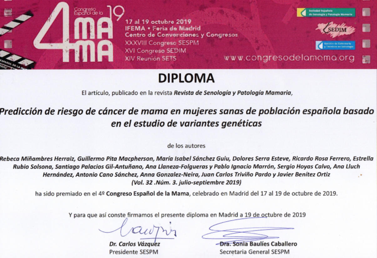 Diploma mejor artículo Senología 2019